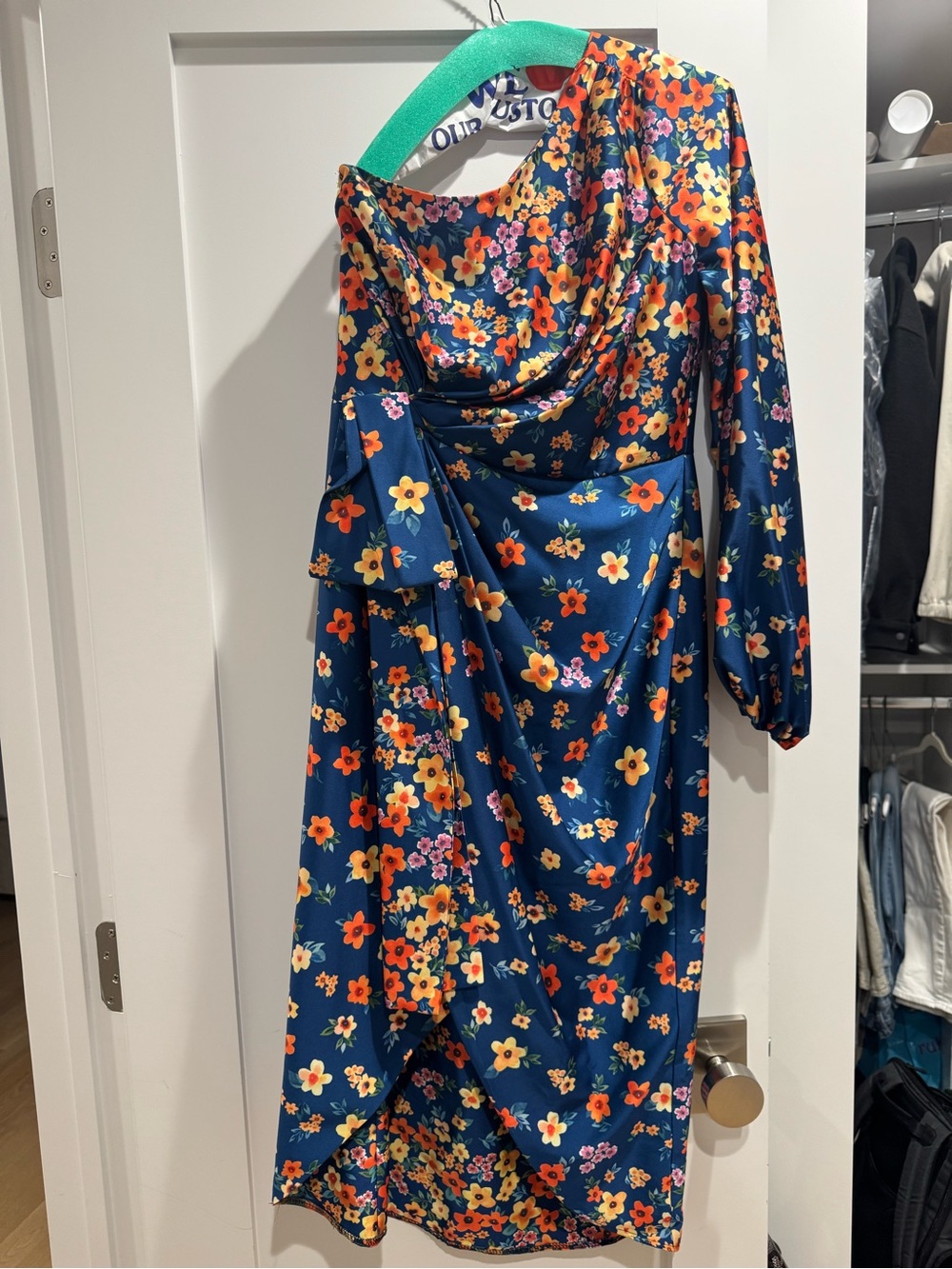 AMUR Navy One-Shoulder Floral Midi Dress with Orange & Yellow Blooms